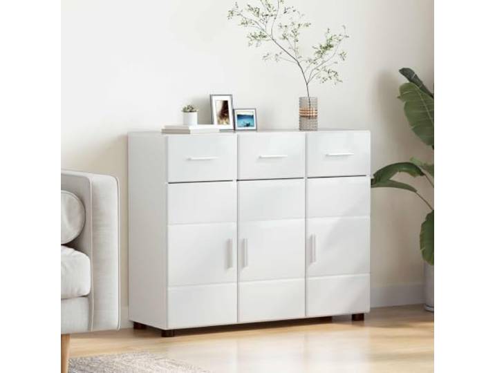Sideboard FLORIN 88.5x30.5x73 cm Hochglanz Weiß Holzwerkstoff Schrank Modernes Design, pflegeleichte Oberfläche, robuste Konstruktion, vielseitig nutzbar, klare Linien