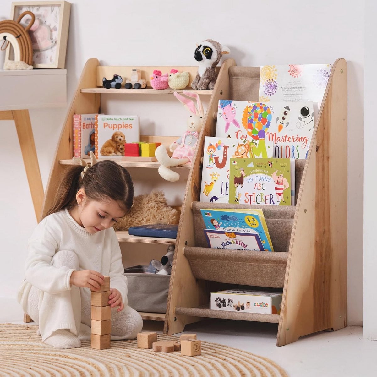 Stijlvolle houten kinderboekenkast en speelgoedorganizer in beige, groot