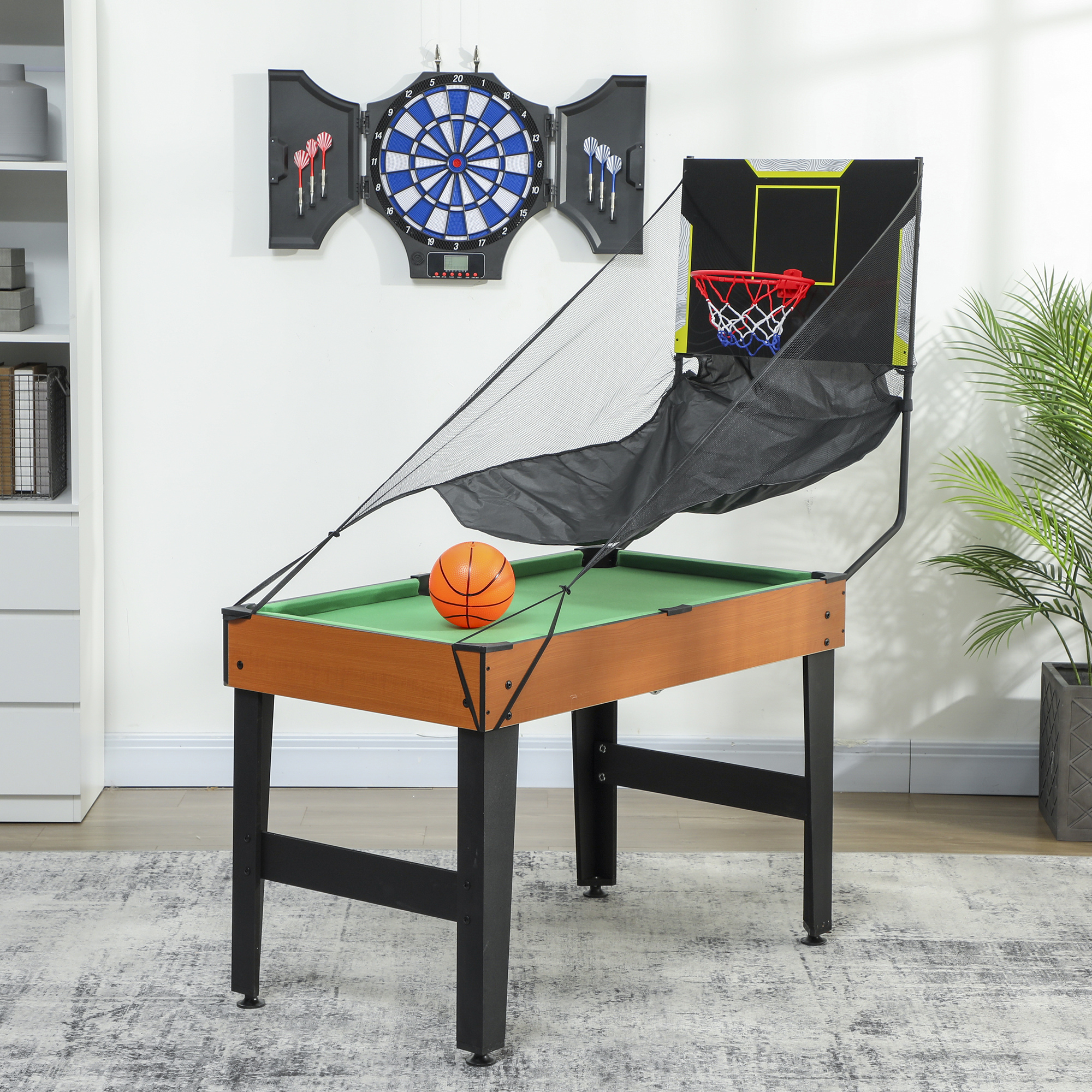 Sportnow tavolo multigioco 5-in-1, 53 pezzi di accessori, calcio balilla, hockey da tavolo, ping-pong, biliardo, basket, noce   Aosom Italy