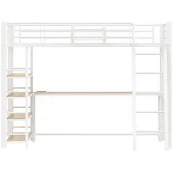 MODFU Hochbett Metall/MDF Weiß 140x200 cm mit Schreibtisch, 4-stufigem Regal, LED-Beleuchtung und USB-Ladestation