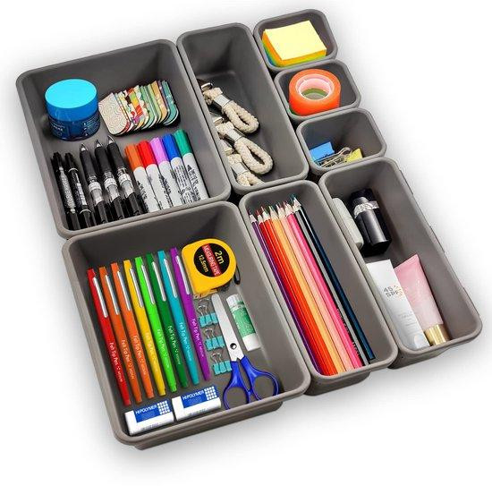 8-delig grijs plastic ladeorganisator systeem voor kantoor, keuken of badkamer