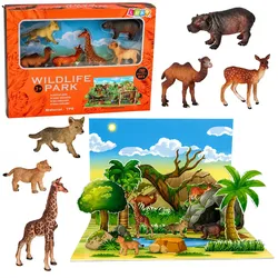 Set mit Wildtierfiguren: Fuchs, Giraffe, Nilpferd, Hirsch – Park-3D-Brett