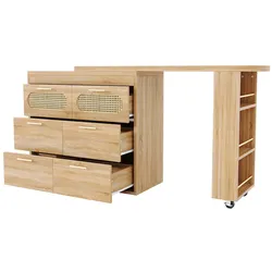 STILVORA Bartisch MDF/Metall Natur, 128-203x39x90 cm, 360° drehbar, 6 Schubladen