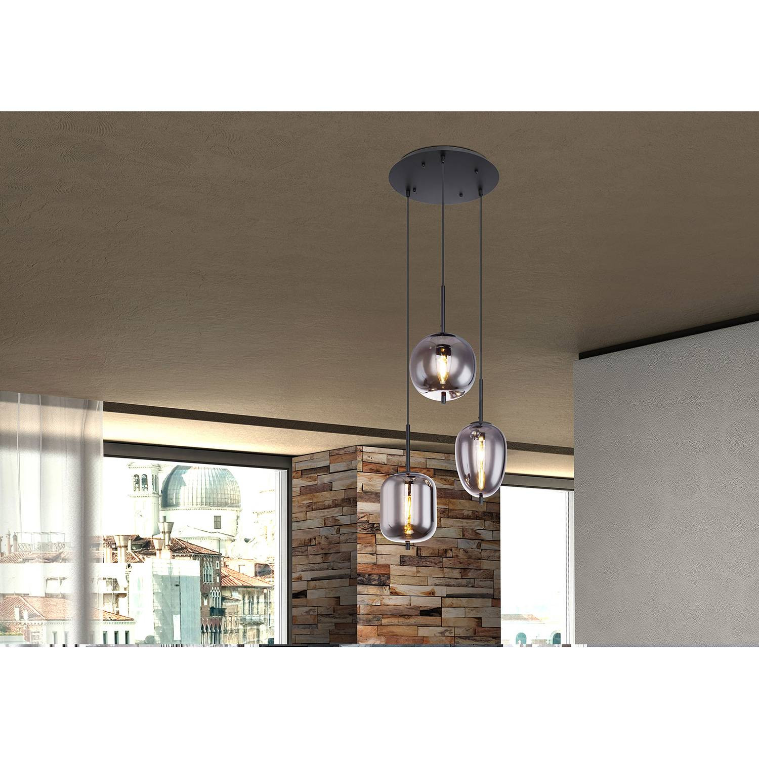 Globo Lighting Hanglamp Blacky zwart/grijs 3-lichts rond met rookglas en metaal E14