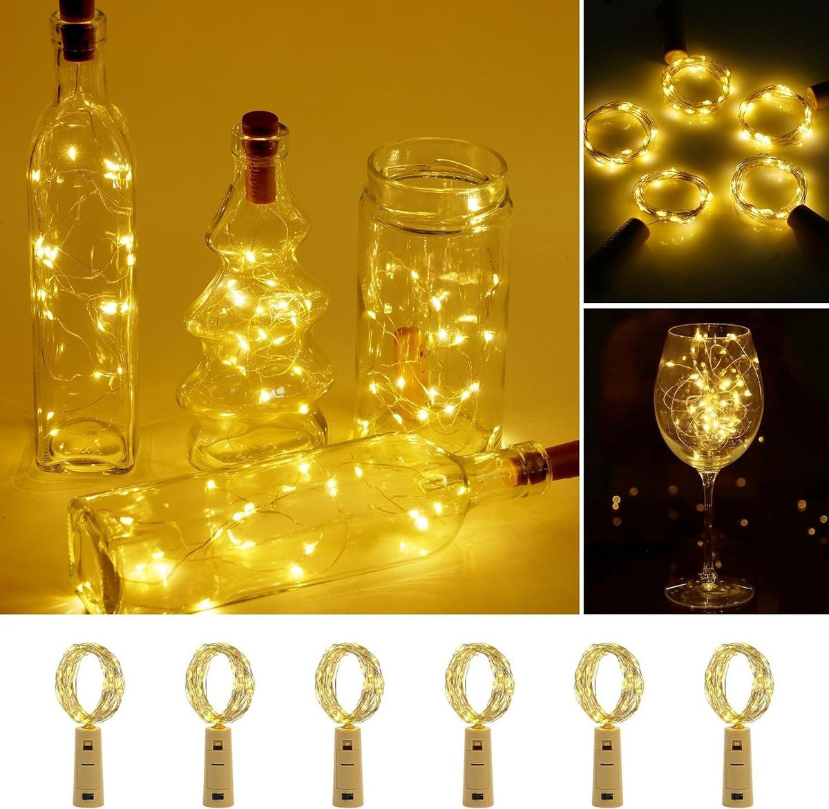 Set van 6 wijnfles lichten met 20 warm witte LED's voor feestelijke decoratie