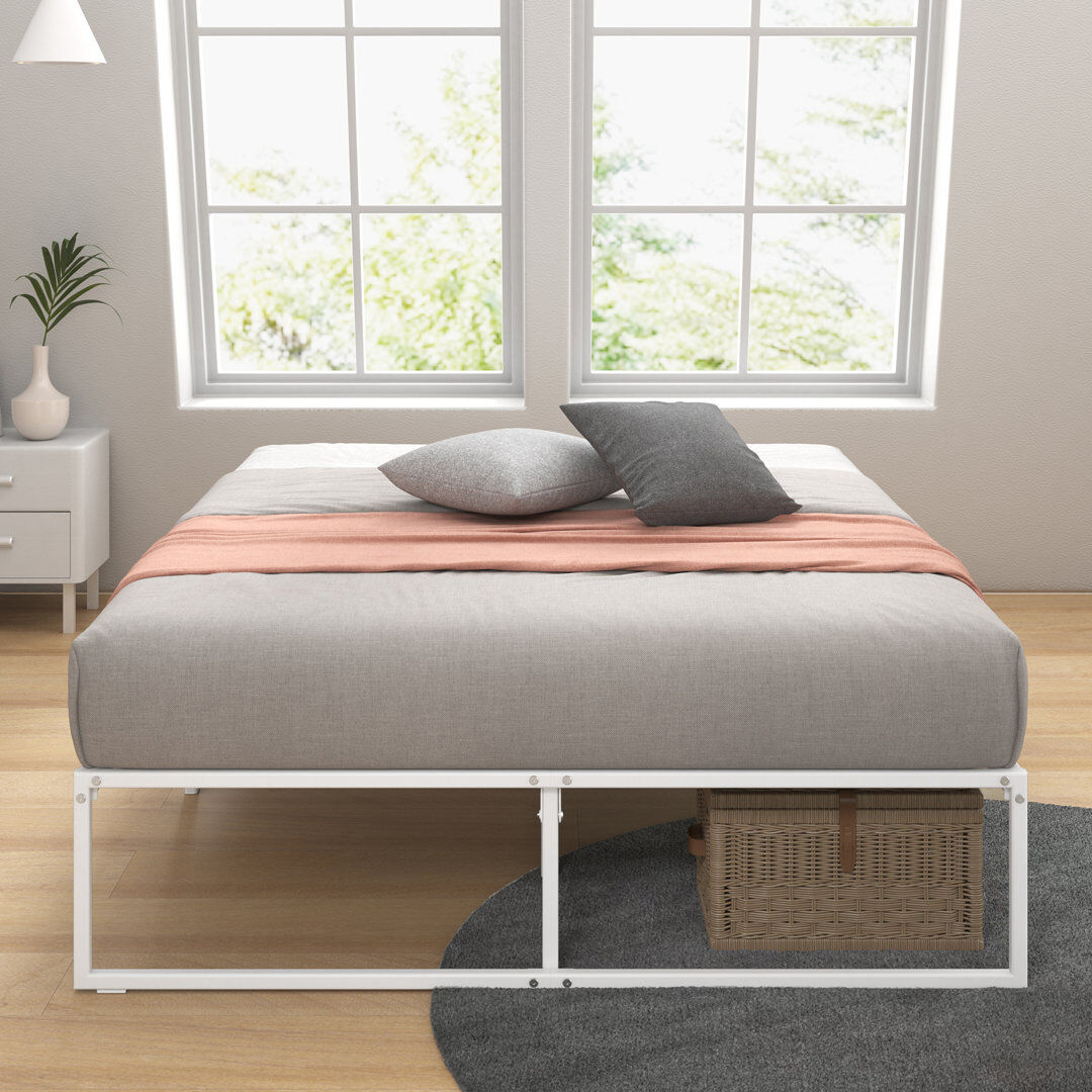 Zipcode Design Corbe Modern Metal Bed Frame with Heavy Duty Steel Slat Support White Double (4'6)