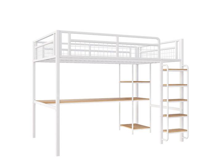 Oxeza Hochbett 140/200 cm Weiß mit Treppenstufen, Tisch und Regalen, Metall, Mode, Rechteckig, 140x200 cm, Babymöbel & Kindermöbel, Kinderzimmer & Jugendzimmer, Kinderbetten, Hochbetten