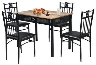 Costway 5 Pcs Dining Set Wood Metal Table and 4 Chairs with Cushions-Black