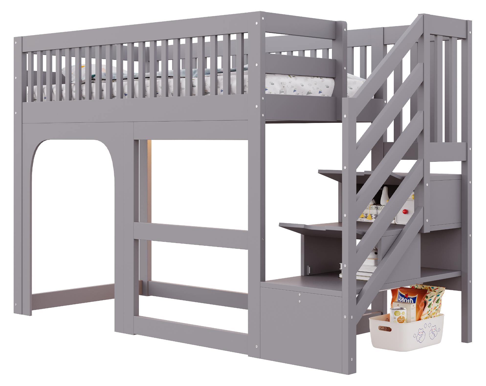 Kinderhochbett 90x200cm aus Holz in Grau mit seitlicher Stauraumtreppe und LED-Beleuchtung, Tür- und Fensteroptik für das Kinderzimmer
