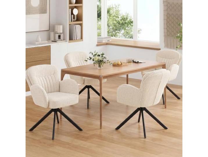 FurniSoar Esszimmerstühle 4er Set, 360° drehbar mit Armlehnen, doppelt gepolsterte Chenille-Stühle beige, ergonomische Rückenlehne, bis 160 kg/Stuhl, für Esszimmer & Küche