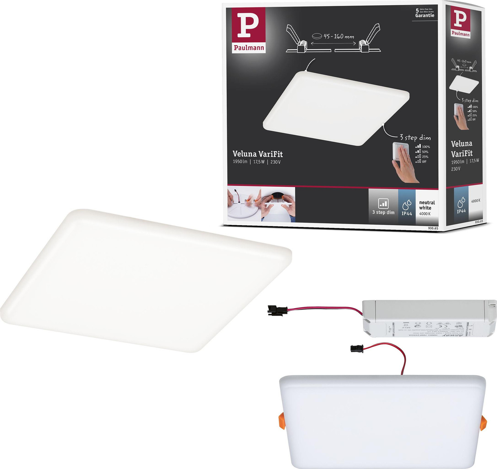 Paulmann Veluna VariFit LED inbouwpaneel, dimbaar, 17.5W, wit/goud/zilver