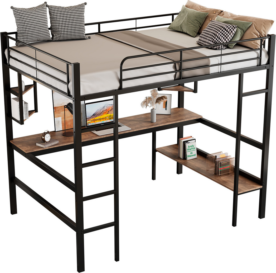 Metallbett,90x200cm Bettgestell,Eisenbett,Hochbett,kinderbett,mit Schreibtisch,vier kleinen Regalen und einem großen Bücherregal
