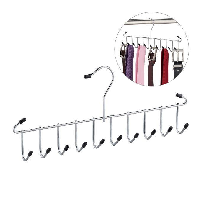 Relaxdays 2x Riemhanger en stropdashouder van metaal, zilver en zwart