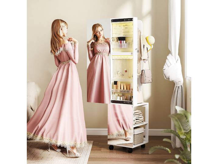 HOMCOM Armoire à Bijoux LED Pivotante 360° avec Serrure Blanche
