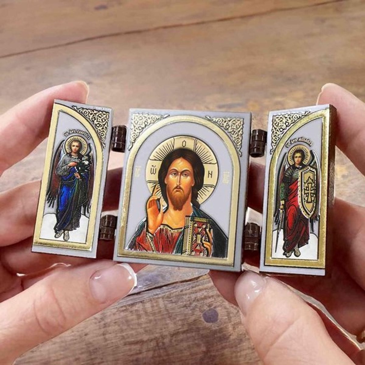 Houten Icoon Drieluik Jezus Christus - Christelijk Altaar met Religieuze Illustratie