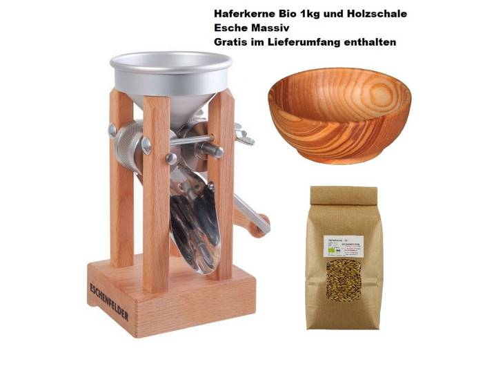 Eschenfelder Getreidemühle Kornquetsche Tischmodell Holztrichter und Alutrichter Sparsets manuell, (5 Stück), Kurbel 20-25cm, Tisch-Schraubzwinge, Reinigungsbürste, kostenfrei