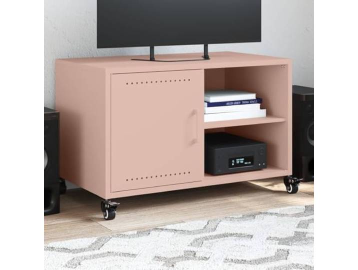 HEFZGDB TV-Schrank Rosa 68x39x43,5 cm Stahl mit Tür und 2 Ablagen, Stahlblech Medienschrank mit 4 Rollen, Stauraum für Zeitschriften und Dekoartikel, pflegeleicht und robust,