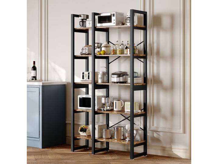 Meuble bibliotheque à cinq Niveaux-Étagère ouvertes-Bibliothèque Rangement en Métal et Panneaux de Particules-88x30x170cm-Marron