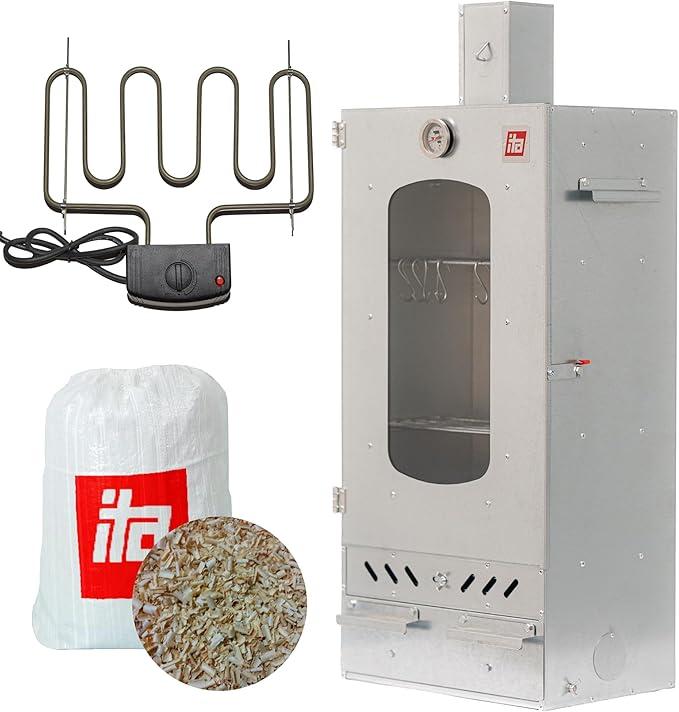 Räucherofen 7012 - Smoker Set mit Heizelement & Räucherspänen - Räucherschrank mit 3 Etagen - Legierter Stahl, mit Sichtfenster & Kaminabzug - Qualität EU Direkt vom Hersteller