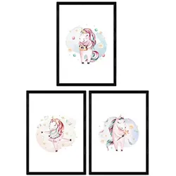 POSTER Set Mit 3 Kinder Tiere Einhorn A3 Schwarzer Rahmen