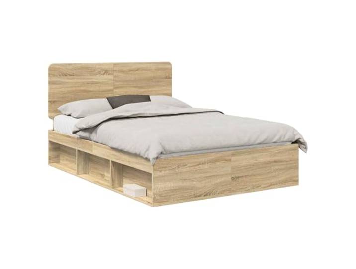 PUGYNBK Bettgestell mit Kopfteil Sonoma Eiche 150 x 200 cm Massives Kiefernholz, feste Lamellen, langlebige Halterung, einfache Reinigung, Montage erforderlich