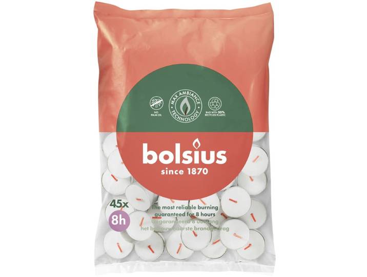 Bolsius Theelichten Wit 8 branduren 45 stuks