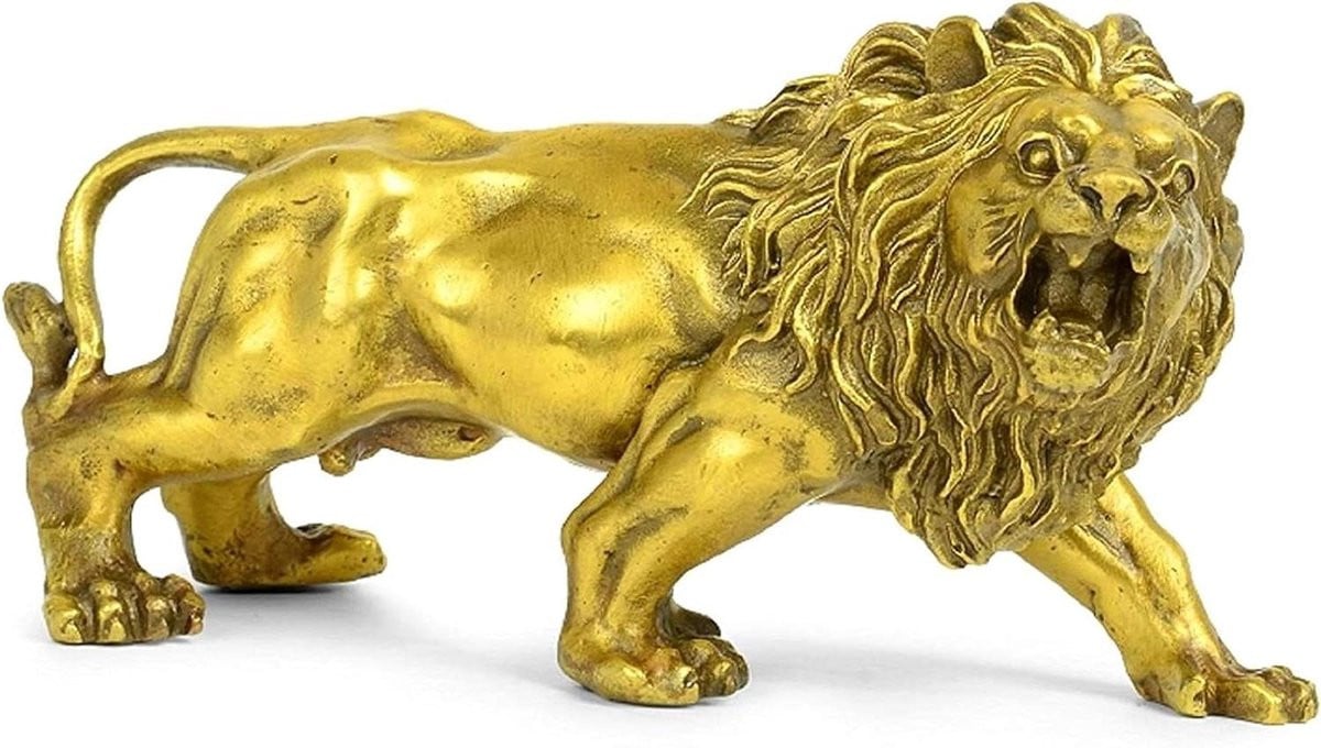 Puut Messing Leeuw Beeld - Gouden Bewaker Standbeeld voor Huisdecoratie - Lengte: 15 cm
