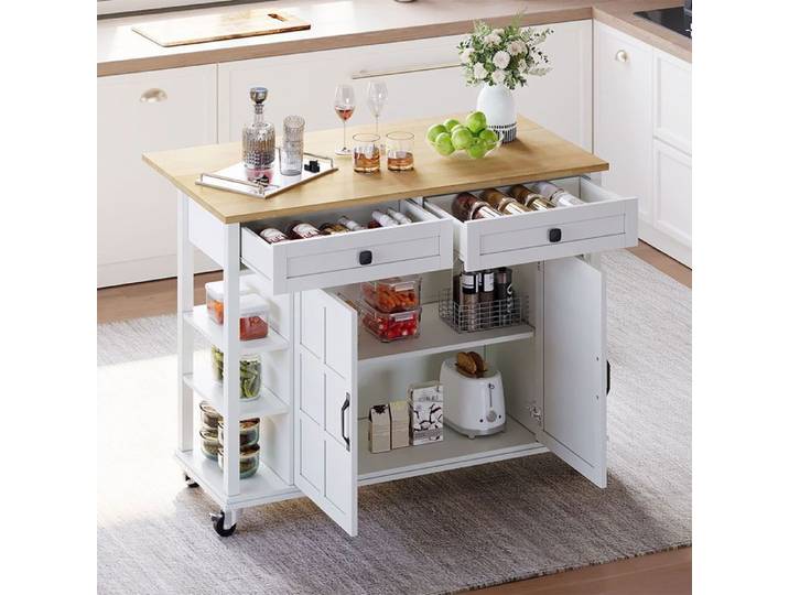 Desserte de cuisine multifonctionnelle - SEYAKANY - îlot de cuisine- Desserte pliable - sur roulettes - 2 tiroirs - Blanc