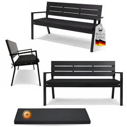 PROREGAL Gartenbank MALLORCA Sitzkissen Holzoptik Kunststoff pulverbeschichtetem Stahl 3-Sitzer wetterfest 128x44cm Schwarz Sitzbank Balkon Terrasse