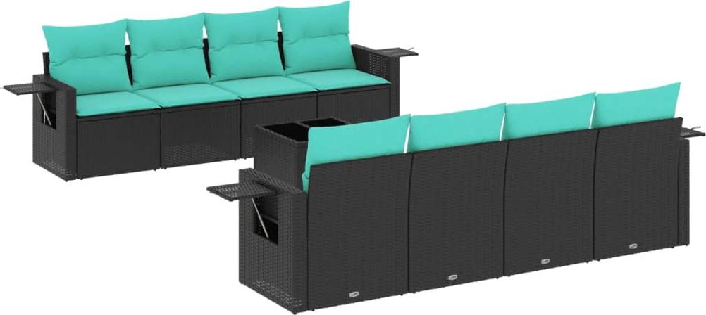 9-teiliges Gartensofa-Set mit Kissen, schwarzes Polyrattan