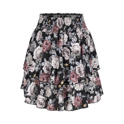Sommerrock CLOUD 5IVE "CLOUD 5IVE Tiered Mini Skirt wit flower aop", Damen, Gr. S, bunt (schwarz, multi), 95% Polyester, 5% Elasthan, normal, Röcke