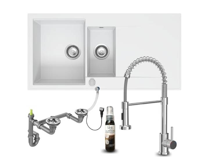 SINK QUALITY Spülbecken weiß mit Armatur, Granitspüle 100x50 cm, Küchenspüle 1,5 Becken, Spüle mit Wasserhahn, Siphon und Imprägniermittel, Küchenspüle ab 60er Unterschrank