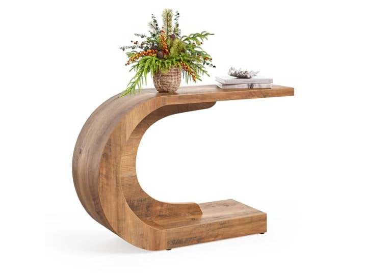 LITTLE TREE 43.3 Inches Farmhouse Console Table, 2-Tier C-Shaped Sofa Table Behind The Couch, Wooden Entryway Table Narrow Hallway Foyer Table for Living Room, Entrance, Brown