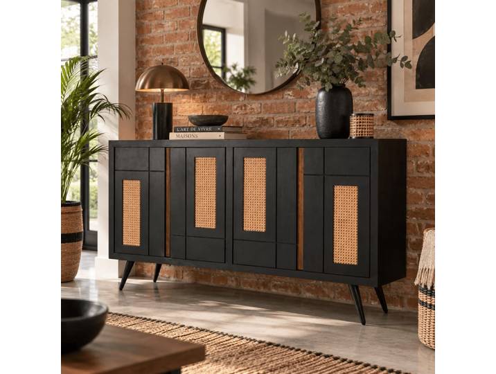 Buffet en manguier et rotin noir 160x40x90 cm