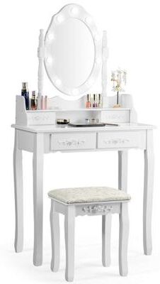 Costway Makeup Vanity Dressing Table Set with Dimmable Bulbs Cushioned Stool-White