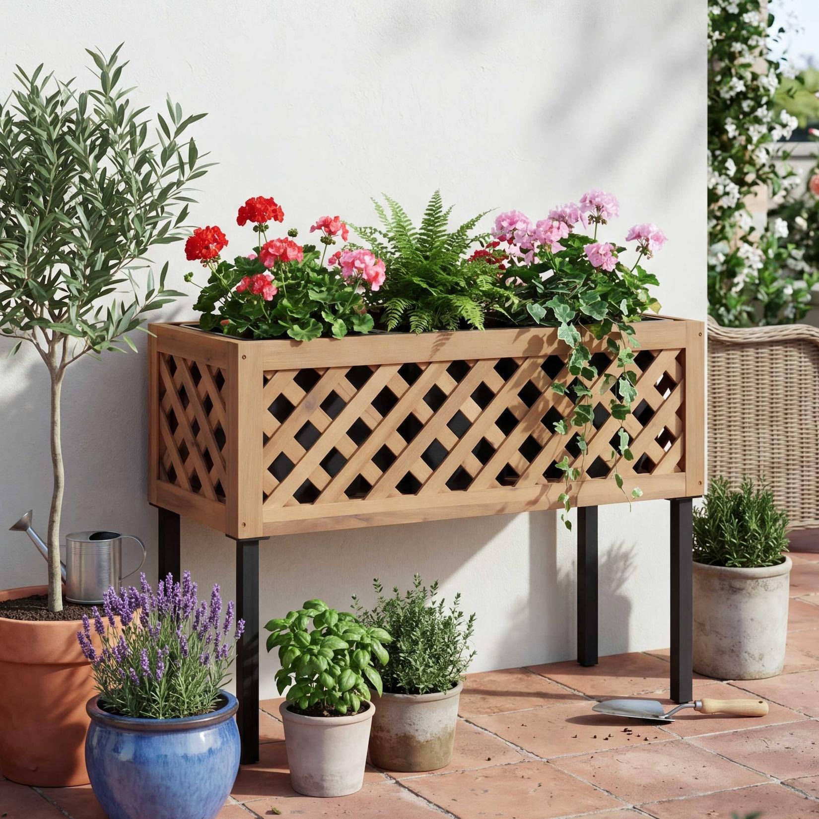 Hochbeet MCW-P86, Blumen-/Pflanzkasten Pflanzgefäß, In-/Outdoor Akazie Holz MVG-zertifiziert 59x82x32cm ~ hellbraun
