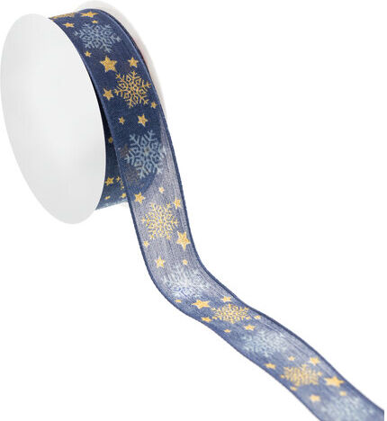 Stoffband "Schneeflocken", blau-gold, 25 mm, 5 m