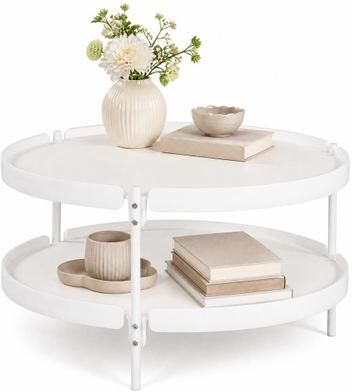 Costway 2-Tier Plastic Coffee Round Coffee Table for Living Room-White
