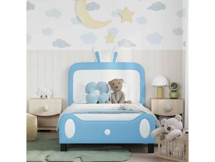 KTHLBRH Bettgestell für Einzelbett, 80 x 200 cm, mit blauem Kopfteil Lattendesign, technisches Holz, PU-Schaum, solide Unterstützung für modernes Zimmer
