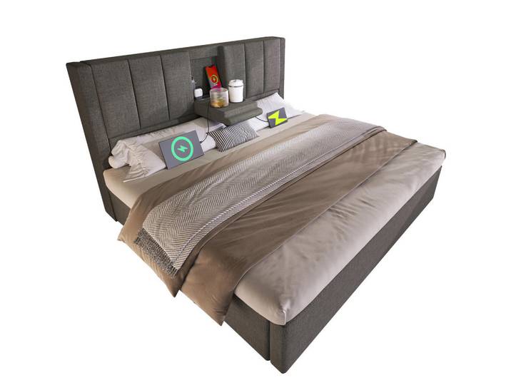 Redom Polsterbett 180/200 cm mit Ladestation, versteckten Becherhaltern und Bettkasten, Leinenoptik, Grau, 180x200 cm, Schlafzimmer, Betten, Polsterbetten