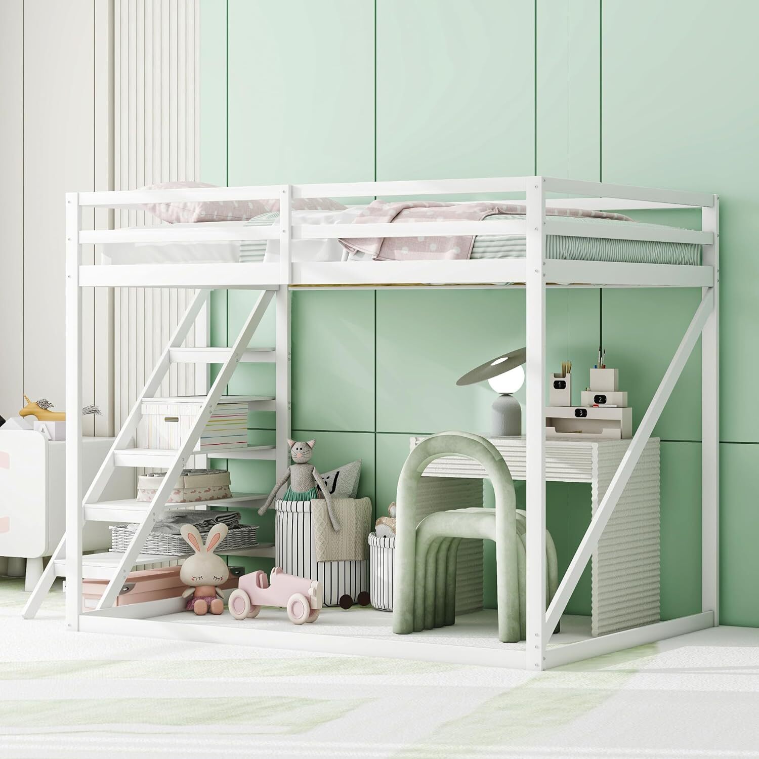 Fortuna Lai Kinderbett Hochbett 140x200 mit Sicherheitsleiter, Etagenbett aus Massivholz mit Lattenrost geeignet für Kinder, Jugendliche und Erwachsene, Weiß