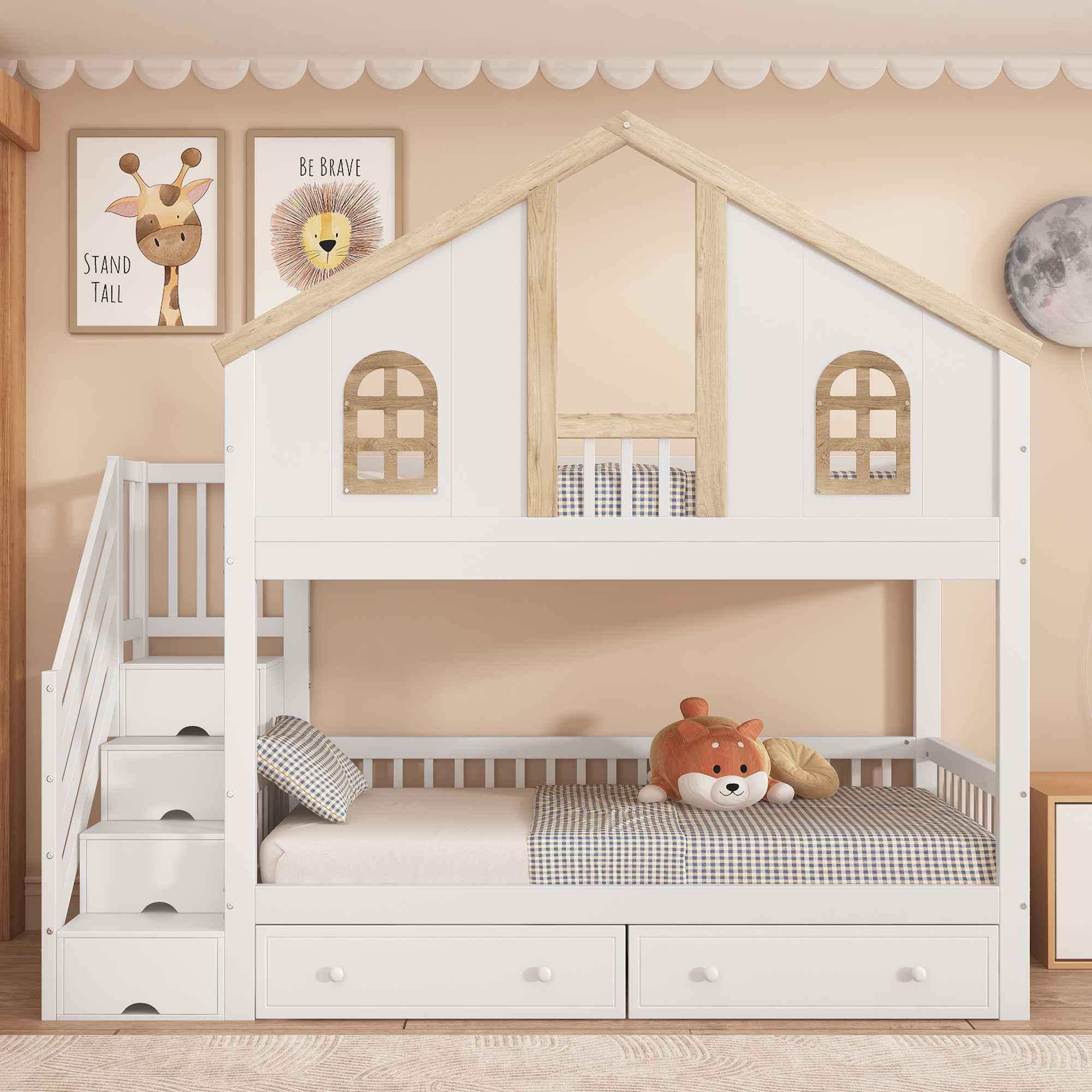 Kinderebte, Hochbett mit Fenster-Design, Stauraumtreppe und Schubladen, sichere Umzäunung, Weiß+Natur, 90x200cm