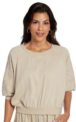 Masseys Serenity Embroidered Tee Casual in Washed Sandstone, Size Small, Cotton