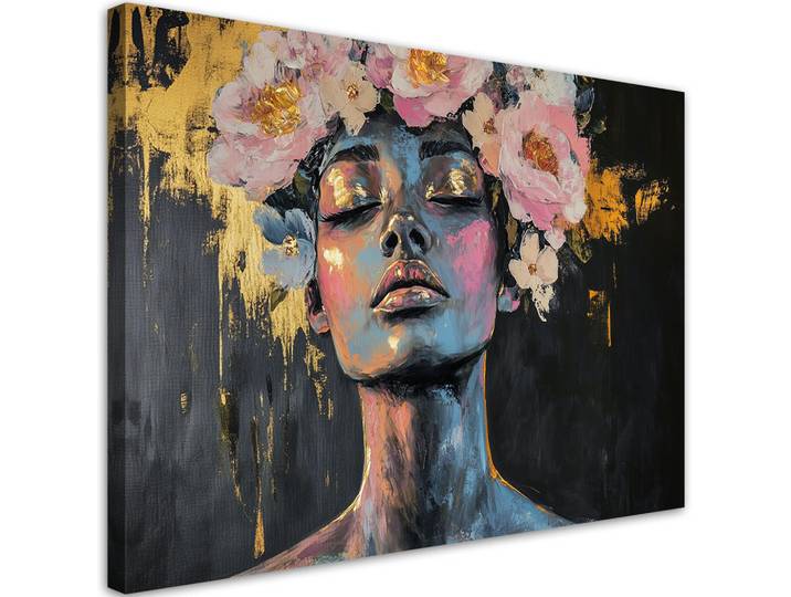 Feeby Wandbild abstraktes porträt einer frau mit blumen, Mehrfarbig, Person/Charakter, Rechteckig, 120x80 cm, Bilder & Rahmen, Bilder, Leinwandbilder