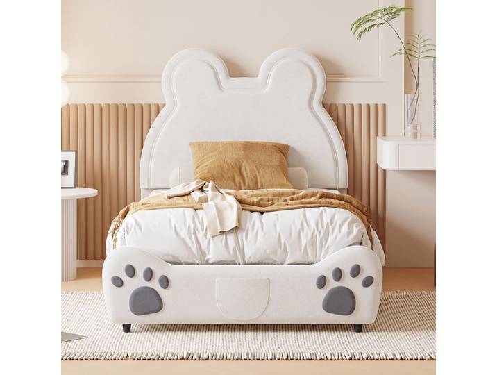 DRIPEX Lit enfant rembourré en velours doux 90 x 200 cm Lit enfant en forme d'ours Blanc