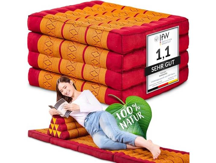 Namasdee Klappmatratze 200x50x8cm mit 100% natürlicher Kapokfüllung (Rot/Gelb)