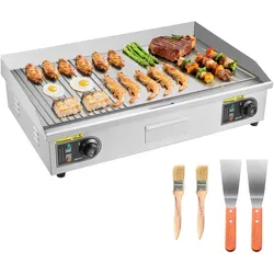 VEVOR Gewerbliche Elektrische Grillplatte 4400 W, Tischgrillplatte 725x400 mm Grillfläche, 50–300 °C, Elektrogrill, halb Gerillt, halb Glatt, mit 2 Spateln und 2 Bürsten, für Steaks BBQ, Ohne Stecker