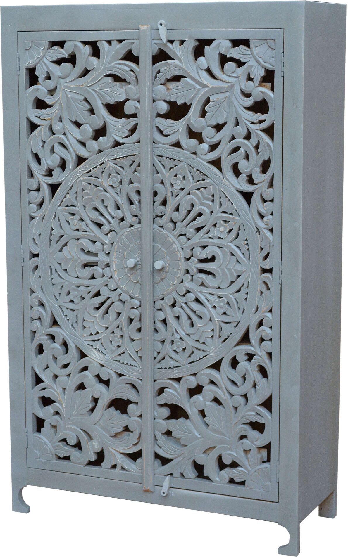 Stauraumschrank GOODPRODUCT "Kenmare Highboard, 2 Türen mit dekorativen Schnitzereien und 3 Fächer", grau, B:100cm H:165cm T:40cm, Massivholz, Schränke, Stauraumschrank, aus massiven Mangoholz, mit dekorative Schnitzereien, Handgefertigt grau grau, B/H/T: