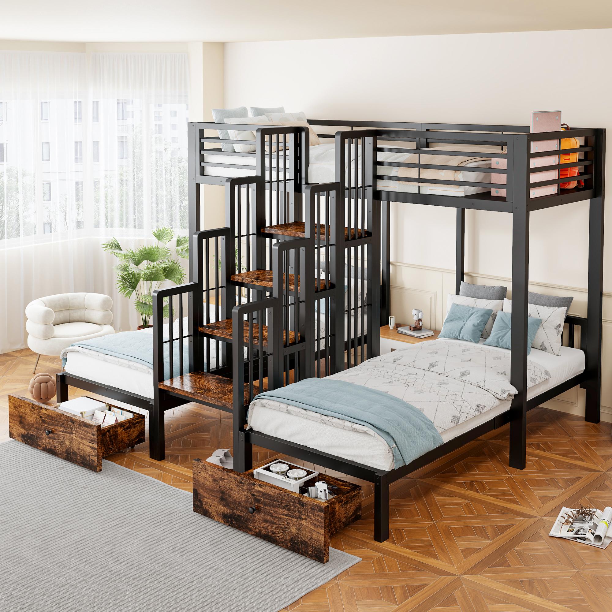 Flieks Etagenbett 90x200cm mit Treppe, Hochbett mit Sicherheitsgeländern und Stahlkonstruktion, Kinderbett mit Schubladen, Schwarz, Holz&Metall