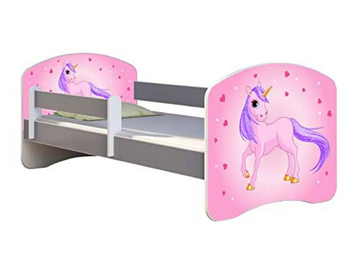 ACMA Kinderbett Jugendbett mit Matratze Grau mit Rausfallschutz Lattenrost II Spielbett Kinderzimmer Möbel (17 Pony, 140x70)